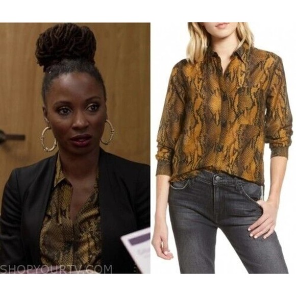 Current Elliott Brown Black Sheer Button Blouse Shirt Top Snake Python P… - Picture 6 of 6